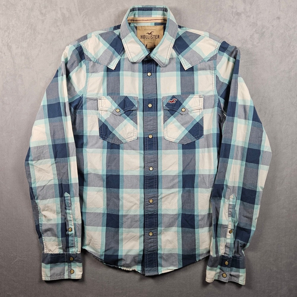 Hollister Western Shirt‎ Mens Large Blue Plaid Pearl Snap Long Sleeve California